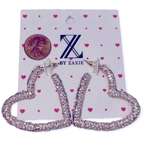 ZAXIE By Stefanie Taylor Heart Hoop Earrings Pave Crystals Sparkle NWT - Picture 2 of 11